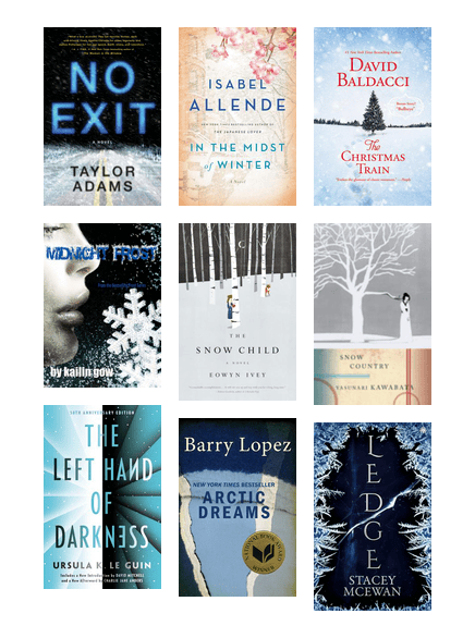 Covers of adult fiction books set in cold locations, with lots of icy blue covers.